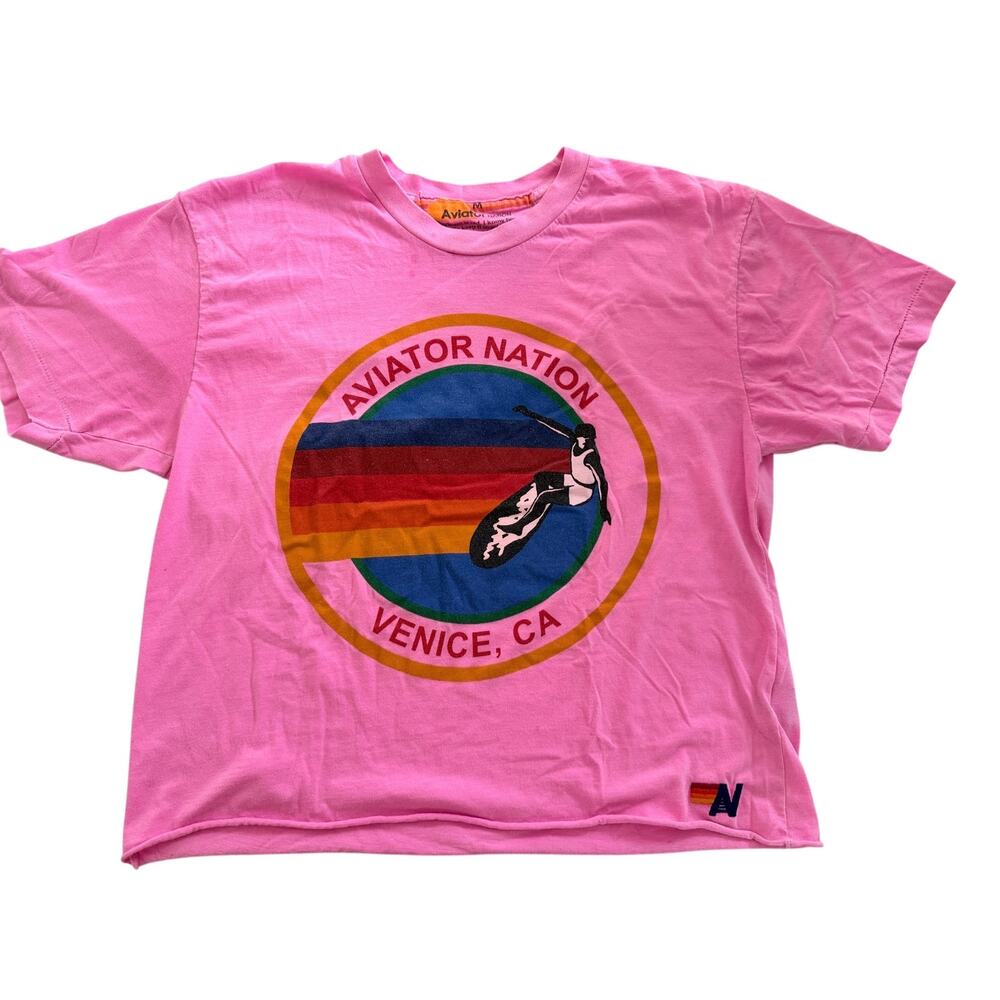 Aviator Nation Womens M Pink Venice CA Surfer Rainbow Graphic Crop T Shirt USA